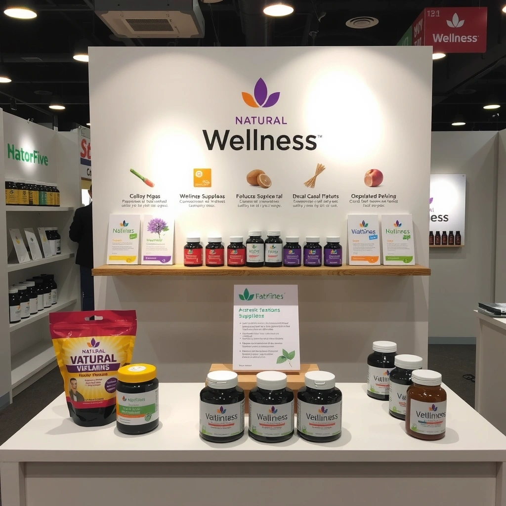 Product demonstration area with various natural vitamin supplements and educational materials